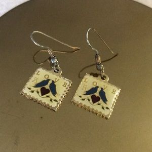 Stamp earrings enamel Love birds postage stamp USA